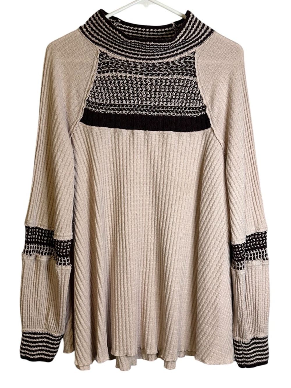 Free People Snow Day Slouchy Thermal Turtleneck Top Crochet Details Boho M OB